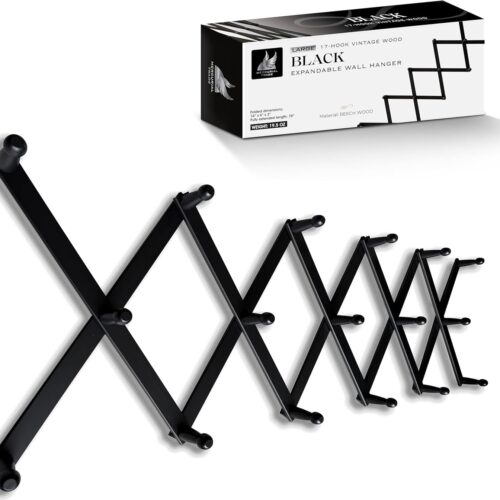 Expandable Wooden Coat Rack Hanger - Large Accordion Hanger with Expanding Pegs | Hand Made Modern Wooden Hat Rack for Wall | Hang Coat, Jacket, Hat | Wall Rack – 17 Hook, Black