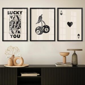 Framed Set of 3 Poker Wall Art Lucky You Poster, Trendy Retro Print Wall Decor for Queen of Hearts Wall Art Rustic Vintage Farmhouse Home Wall Decor（Black 12"x16"）