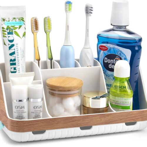 Bathroom Countertop Organizer - Detachable 7 Slots Kids Electric Toothbrush and Toothpaste Holde Drainage for Bathroom Accessories Organization Counter Vanity Storage, Woodgrain