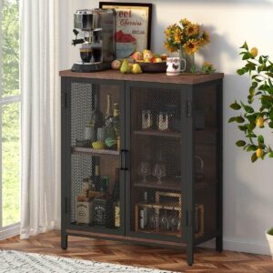 Coffee Bar Cabinet for Liquor, Small Storage Cabinet for Home Kitchen, Farmhouse Buffet Sideboard Console Table, Industrial Alcohol Cabinets for Dining Entryway Living Room (Rustic Oak)