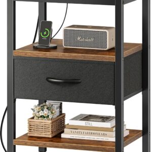 Nightstand with Charging Station, Bed Side Table with Adjustable Fabric Drawer, Night Stand for Bedroom, 3-Tier Storage End Table, for Living Room, Rustic Brown and Black