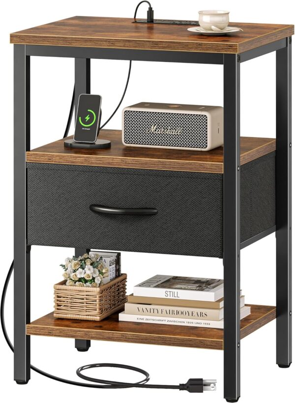 Nightstand with Charging Station, Bed Side Table with Adjustable Fabric Drawer, Night Stand for Bedroom, 3-Tier Storage End Table, for Living Room, Rustic Brown and Black 1