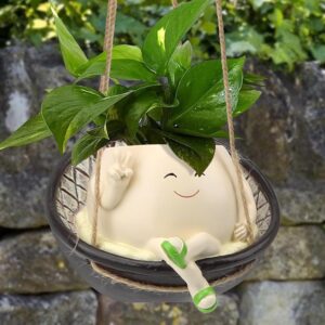 Hanging Swing Chair Planter Pot Resin Smile Face Plant Pot for Indoor Outdoor Plants Cute Head Flower Pots for Succulent String of Pearls, Teacher Gifts