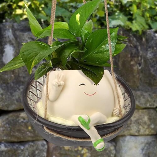 Hanging Swing Chair Planter Pot Resin Smile Face Plant Pot for Indoor Outdoor Plants Cute Head Flower Pots for Succulent String of Pearls, Teacher Gifts
