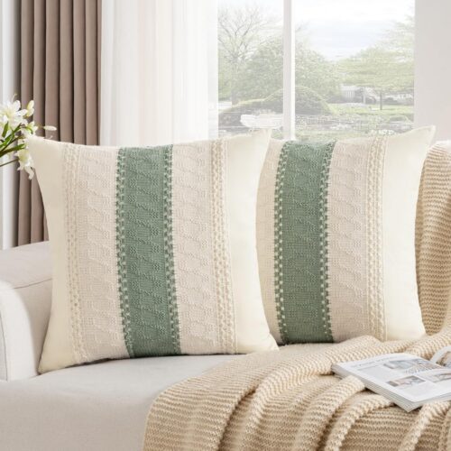 Sage Green Boho Cotton Couch Pillow Covers 18x18 Set of 2 Modern Farmhouse Rustic Throw Pillow Cases Cute Accent Macrame Woven Square Cushion Cases for Sofa Couch Bed Living Room Home Decor