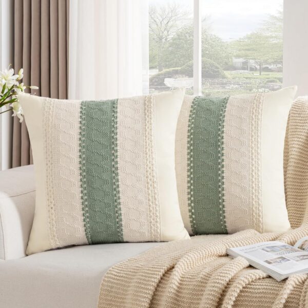 Sage Green Boho Cotton Couch Pillow Covers 18x18 Set of 2 Modern Farmhouse Rustic Throw Pillow Cases Cute Accent Macrame Woven Square Cushion Cases for Sofa Couch Bed Living Room Home Decor 1