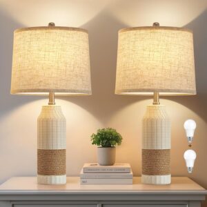 Boho Table Lamps Set of 2, Rattan Bedside Lamps with 3 Color Temperatures - Vintage Farmhouse Nightstand Lamps for Bedroom, Living Room, Office, Bedside Table,Bulbs Included