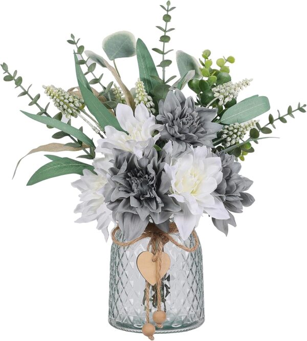Faux Flowers with Vase,Artificial Silk Flowers in Vase, Fake Plant Eucalyptus and Willow,Flower Arrangement for Home Farmhouse kitchen Dining Table Centerpiece Decorations Table Decor (Grey Blue) 1