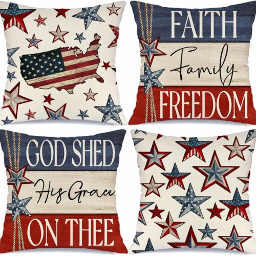 4th of July Pillow Covers 18x18 Set of 4 Faith Family Freedom Stars USA Flag Independence Day Decorations God Shed His Grace On Thee Memorial Day Patriotic Throw Cushion Case for Sofa Couch