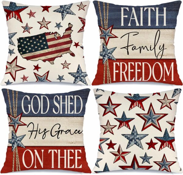 4th of July Pillow Covers 18x18 Set of 4 Faith Family Freedom Stars USA Flag Independence Day Decorations God Shed His Grace On Thee Memorial Day Patriotic Throw Cushion Case for Sofa Couch 1