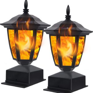 Solar Flame Post Lights Outdoor, Solar Powered Lamps Fence Post Cap Lights, Flickering Flame LED Lantern Decorative Waterproof for Garden Deck Patio, Fit 4x4, 5x5 or 6x6 Wooden Posts, 2 Pack