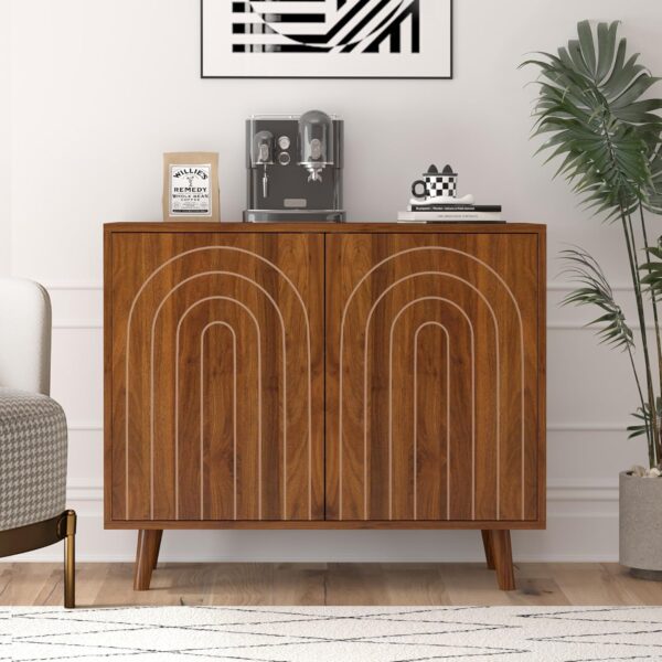 Accent Cabinet with Carving Lines, Modern Buffet Sideboard with Adjustable Shelves, Decorative Storage Cabinets for Bedroom Living Room Kitchen Office and Hallway (Walnut, 1) 1