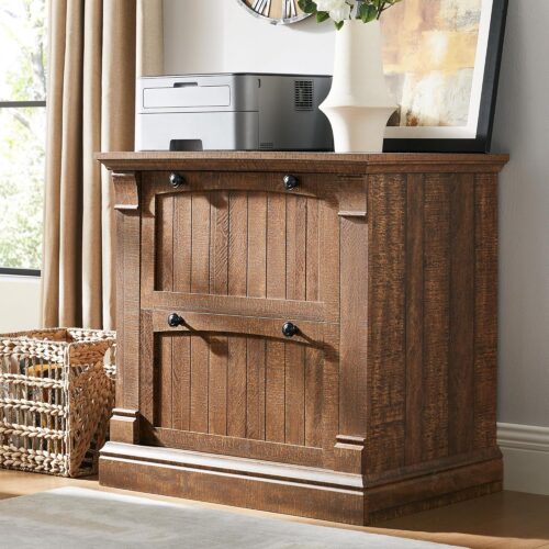 Farmhouse File Cabinet with 2 Drawers, 30" Lateral Filing Cabinet with Hanging File Folders, Interlocking Drawers, Wood Rustic Storage Cabinet for Home Office,Brown