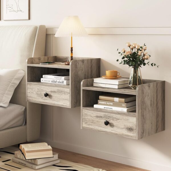 Floating Nightstand Set of 2 Modern Night Stands with Drawer and Open Shelf Cubby Small Bedside End Table with Charging Station Wall Mounted Nightstands Set 2 for Bedroom Grey 1