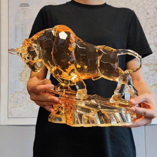 Acrylic Bull Statue Wall Street Bull Statue Sculpture Stock Market Charging Bull Animal Figurine Art Home Office Decor Large Size Gift 14.76‘’ Long