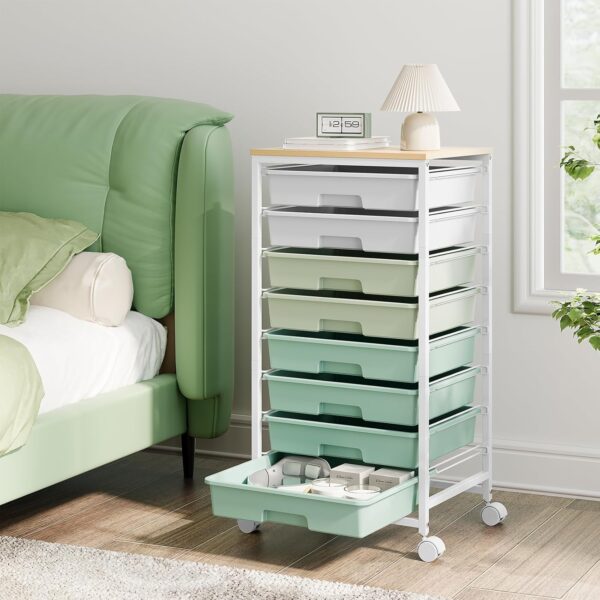 Storage Cart with 8 Drawers, Utility Cart with White Drawers and Wooden Tabletop, Craft Cart, Teacher Organization for Classroom, Storage Furniture, Office Organization, Green 1