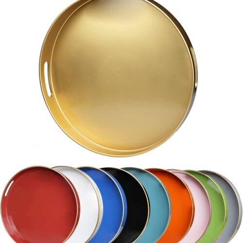 Gold Round Decorative Tray with Handles, 13" Elegant Coffee Table Serving Tray for Ottoman Living Room, Bathroom, Outdoors, Breakfast