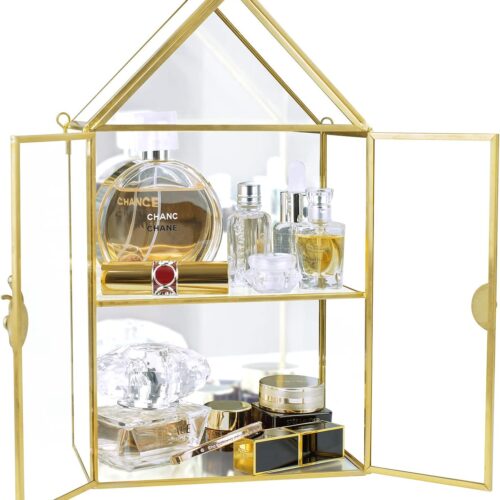Wall Glass Cabinet Display for Perfume, Small Glass Display Curio Cabinets with Doors Wall Mounted, 2 Tiered Small Gold Curio Cabinet with Mirror Cosmetics Perfumes Storage for Bathroom