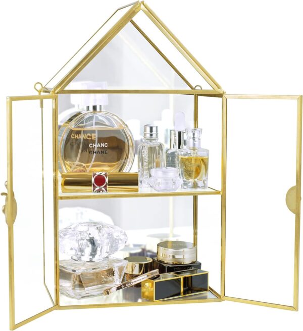 Wall Glass Cabinet Display for Perfume, Small Glass Display Curio Cabinets with Doors Wall Mounted, 2 Tiered Small Gold Curio Cabinet with Mirror Cosmetics Perfumes Storage for Bathroom 1