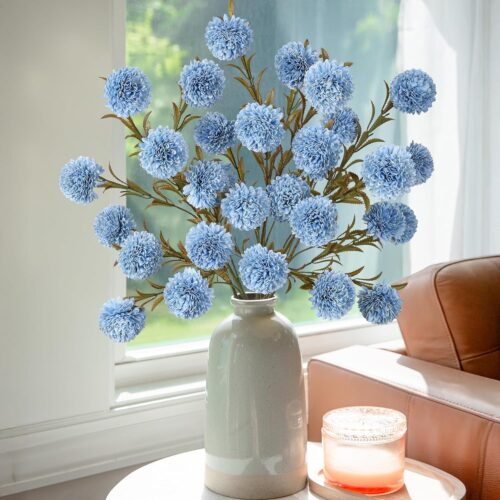 Kiku Flower with 30 Heads Artificial Flowers for Indoors, Realistic Fake Flowers for Vase, Faux Mums Long Silk Stem Flowers for Home Decor 6 Stems Bulk Chrysanthemum Floral (Blue)
