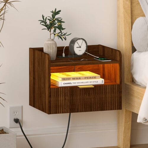 Floating Nightstand with Charging Station and LED Lights (Walnut Brown)