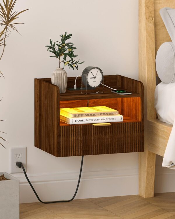 Floating Nightstand with Charging Station and LED Lights (Walnut Brown) 1