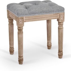French Vintage Foot Stool with Rustic Wood Legs and Padded Seat, 18.5" High Memory Foam Upholstered Vanity Stool and Entryway Bench,Tufted Fabric Ottoman Stool for Bedroom Living Room, Gray