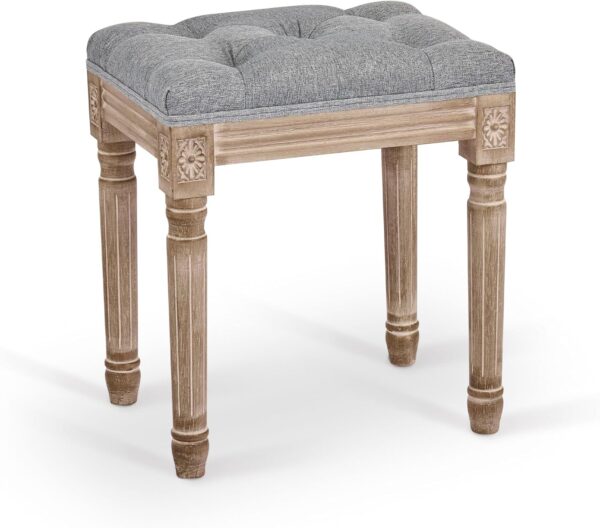 French Vintage Foot Stool with Rustic Wood Legs and Padded Seat, 18.5" High Memory Foam Upholstered Vanity Stool and Entryway Bench,Tufted Fabric Ottoman Stool for Bedroom Living Room, Gray 1