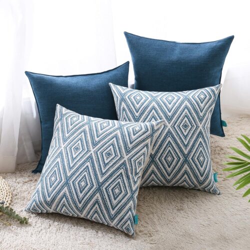 Set of 4 Throw Pillow Covers 18 x18 inches, Soft Linen Cushion Covers, Square Decorative Couch Pillows Covers for Sofa Living Room, Navy Blue