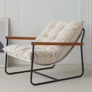 Accent Chair, Velvet Arm Chair Living Room Chair with Metal Frame, Reading Accent Chair, Modern Bedroom Chair, Boucle Armchair with Wooden Arms, Beige