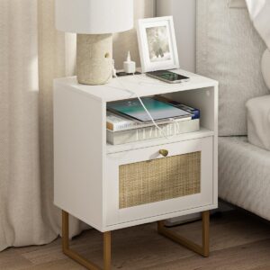 Nightstand with Charging Station,Modern Boho Farmhouse Wood Bedside Table with Storage Drawer and Open Shelf,Small Gold Frame Side End Table for Bedroom,Living Room,Office White