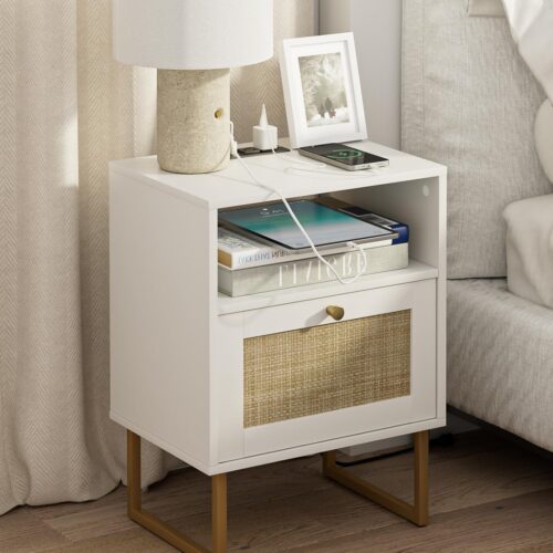 Nightstand with Charging Station,Modern Boho Farmhouse Wood Bedside Table with Storage Drawer and Open Shelf,Small Gold Frame Side End Table for Bedroom,Living Room,Office White