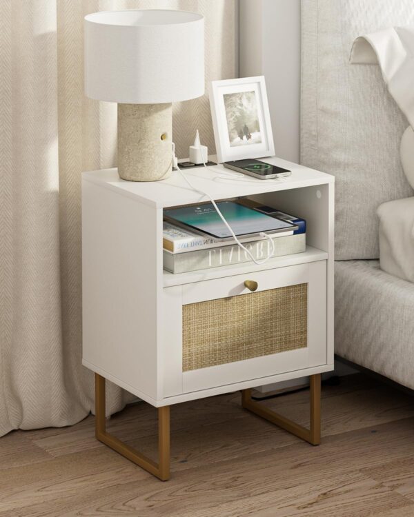 Nightstand with Charging Station,Modern Boho Farmhouse Wood Bedside Table with Storage Drawer and Open Shelf,Small Gold Frame Side End Table for Bedroom,Living Room,Office White 1