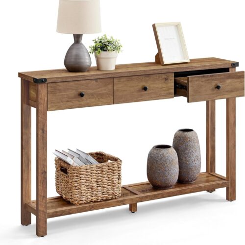 Console Sofa Table, Narrow Entryway Table with 3 Drawers, Open Storage Shelf, Metal Corners, for Living Room, Farmhouse Style, Honey Brown ULNT142K41