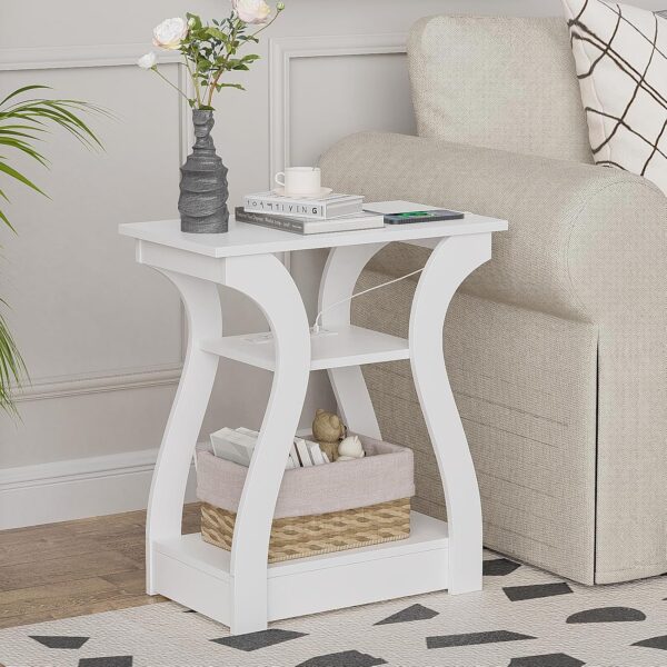 End Tables Living Room, White End Table with Charging Station,White Side Table, Nightstand for Bedroom, 3 Tier End Table with Storage Shelf for Living Room 1