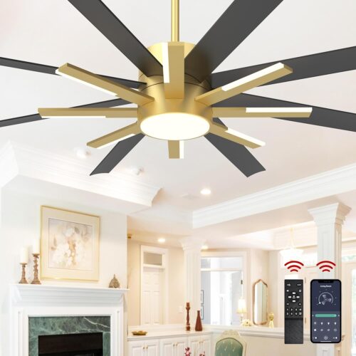 72 inch Large Ceiling Fans with Lights and Remote，Indoor/Outdoor Modern Ceiling Fan for Living Room Patio，6 Speed Reversible，8 Blades and 9 Lights，3 CCT，Black Gold