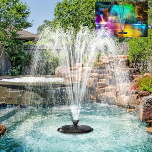 1 POPOSOAP Floating Pond Fountain with RGB LED Lights, 660GPH Pond Pump 30Ft Cable Length with 3 Modes Sprinkler & 65.6Ft Mooring Line, Floating Fountain for Outdoor Pond