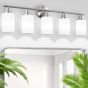 Bathroom Light Fixtures, 5-Light Brushed Nickel Vanity Lights, Bathroom Vanity Light, Vanity Light for Bathroom, Vanity Lights with Frosted Glass Shade, Bathroom Light Fixtures Over Mirror