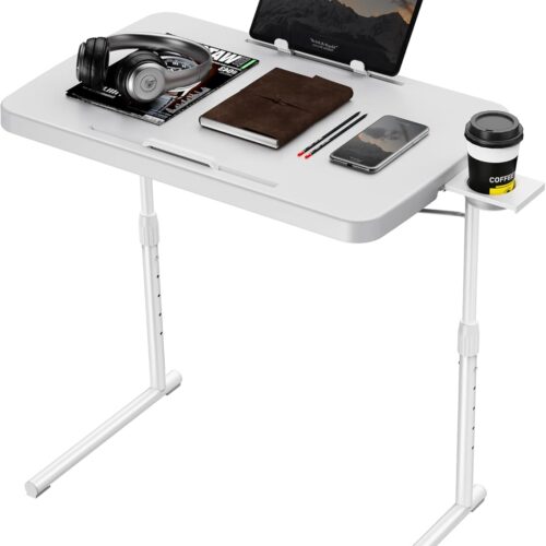 1 Allpop Ultra TV Tray Table, TV Dinner Tray for Eating, Adjustable Folding Tray Table with Book Stand, Cup Holder, Laptop Stopper & Tablet Slot on Coach & Bed, White