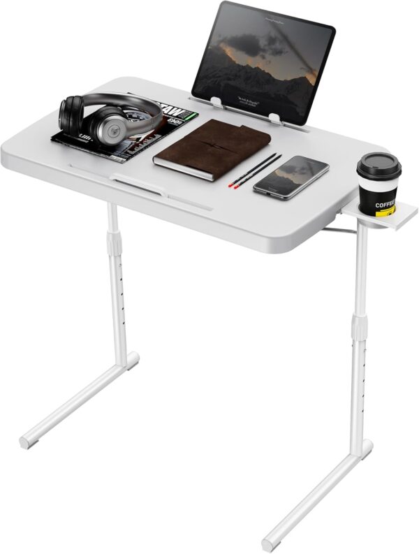 Allpop Ultra TV Tray Table, TV Dinner Tray for Eating, Adjustable Folding Tray Table with Book Stand, Cup Holder, Laptop Stopper & Tablet Slot on Coach & Bed, White 1