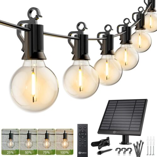 1 Brightown 58FT Solar String Lights Outdoor with Remote Cable Ties and Hooks, Commercial Grade Patio Lights with 26 LED Shatterproof Bulbs, 3 Light Modes Hanging Light for Backyard Party Decor