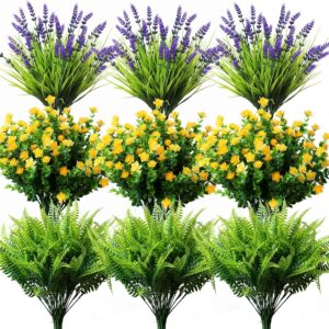 18PCS Outdoor Artificial Plants Flowers Bulk, UV Resistant Fake Monkey Grass Fern Outside Faux Greenery Mums Rosemary Arrangement for Front Porch Window Box Planter Hanging Basket Garden