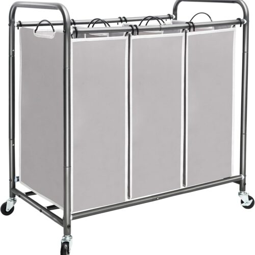 1 3 Section Laundry Sorter, 35.9 Gal (136 L) Laundry Hamper Cart with Heavy Duty Rolling Lockable Wheels and Removable Bags, Clothes Organizer Basket Clothes Separator Hamper, Gray