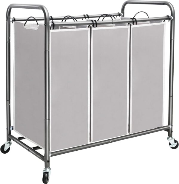 3 Section Laundry Sorter, 35.9 Gal (136 L) Laundry Hamper Cart with Heavy Duty Rolling Lockable Wheels and Removable Bags, Clothes Organizer Basket Clothes Separator Hamper, Gray 1