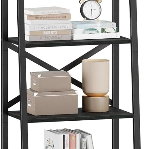 1 5-Tier Ladder Shelf with 2 Drawers,Narrow Bookshelf Storage Shelves,Industrial Bookcase Freestanding Rack Units for Bedroom,Living Room,Bathroom,Home Office,Balcony,Wood Metal, Black Oak