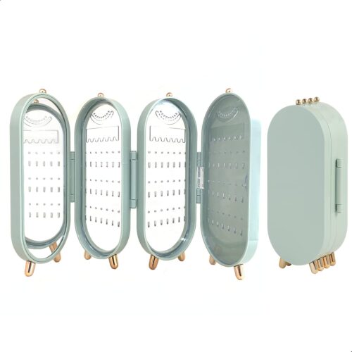 1 Foldable Earring Holder Jewelry Organizer Box with Mirror, 4-Layer Dustproof Earring Necklace Display Stand Jewelry Box with 153 Holes for Women and Girls, Gifts for Girl (Light Green)
