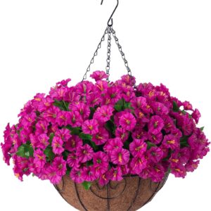 Artificial Hanging Flower Plants with Basket for Spring Summer Outdoor Decoration, Faux Petunias Flowers Fake Morning Glory Planter for Outside Patio Garden Porch Balcony Yard Decor(Fuchsia)