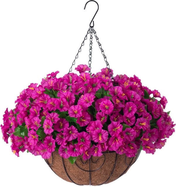 Artificial Hanging Flower Plants with Basket for Spring Summer Outdoor Decoration, Faux Petunias Flowers Fake Morning Glory Planter for Outside Patio Garden Porch Balcony Yard Decor(Fuchsia) 1