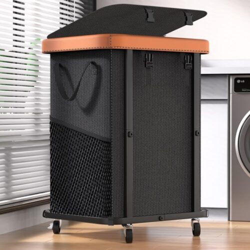 1 150L(40 Gal) Large Fashion Laundry Basket with Wheels, Leather Patchwork Rolling Hamper Carts, Sturdy Metal Frame, Removable Washable Bag, Tall Clothes Sorter for Bedroom, Laundry Room, Dorm - Black
