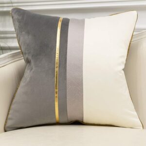 20 x 20 Inches Gray White Gold Leather Striped Patchwork Velvet Cushion Case Luxury Modern Throw Pillow Cover Decorative Pillow for Couch Living Room Bedroom Car
